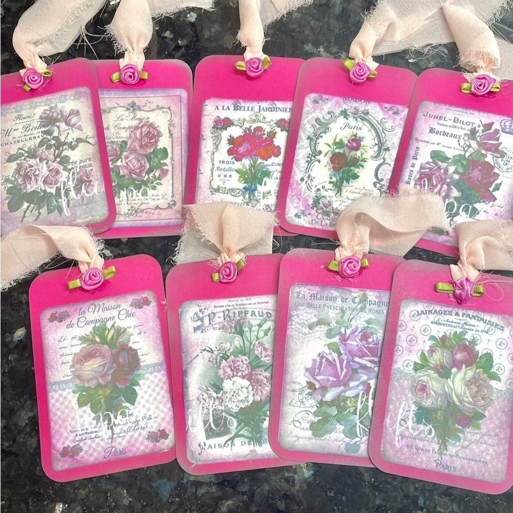 9 Pcs Vintage Victorian Floral Hang Tags Gift Pink